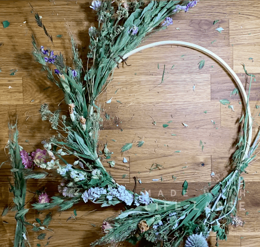 Asymmetrical dried flower wreath