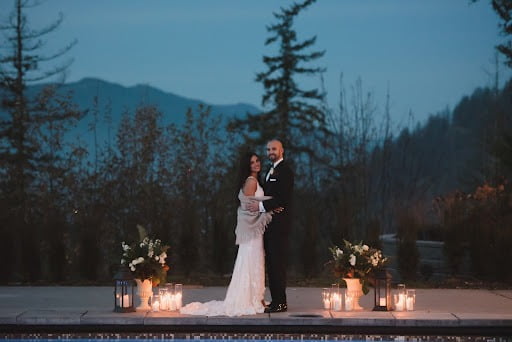 Wedding couple in winter landscape