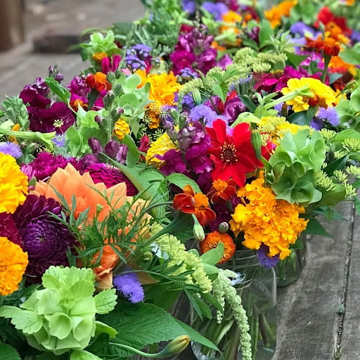 Row of brightly coloured flower bouquets